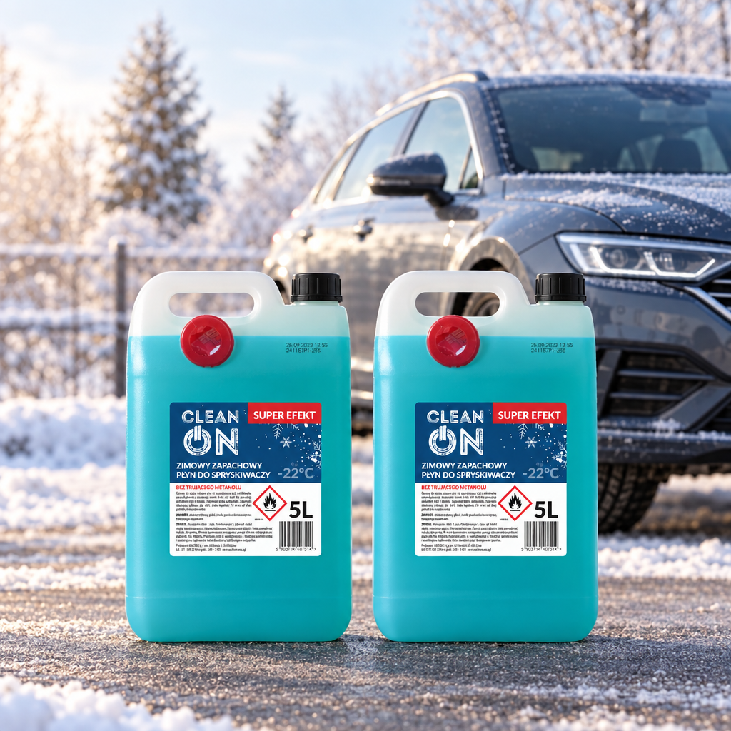 Zdjęcie marketingowe dwupaku CleanOn 2 × 5 l z samochodem w zimowym tle