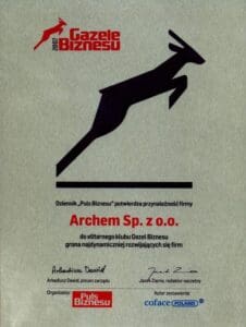 certyfikat przynależności gazela 2007 dla archem